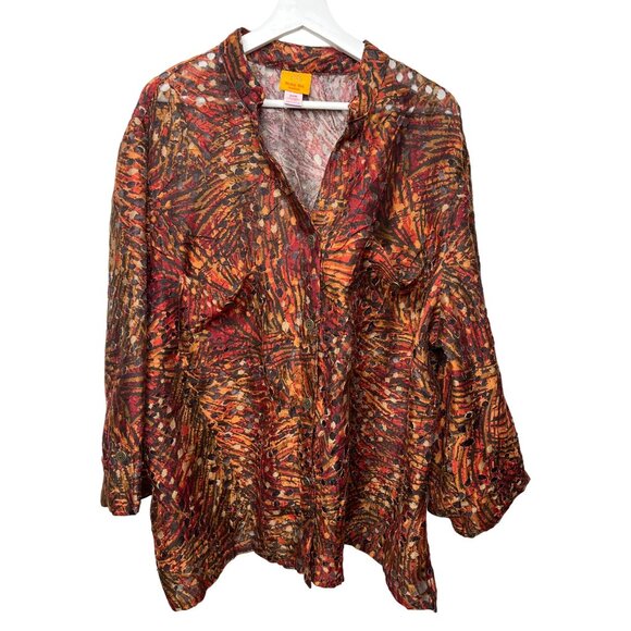 Ruby Rd Women’s Plus Size 22W Sheer Print Button Down Orange Red Blouse - Picture 1 of 10